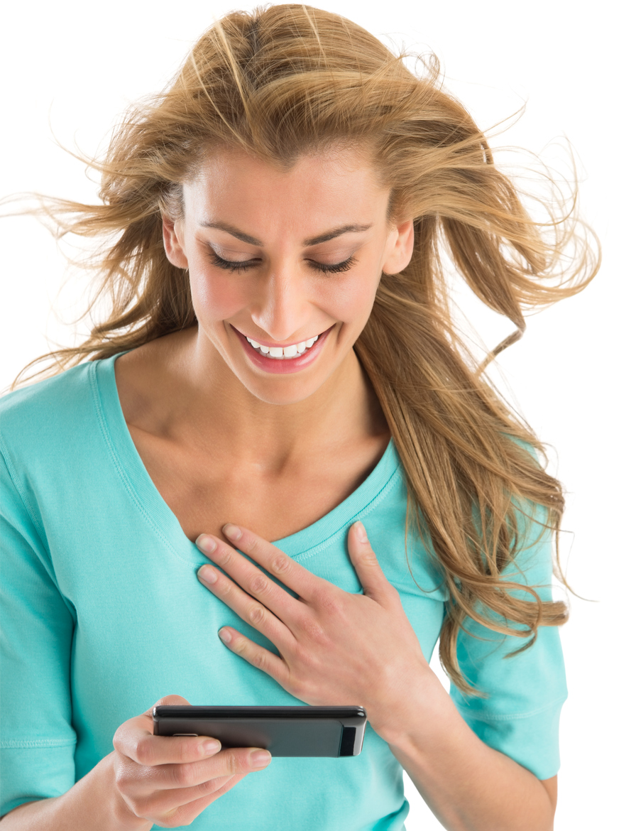 Blonde woman with hand over heart reading tablet - Newsletter signup - Accessing Wisdom